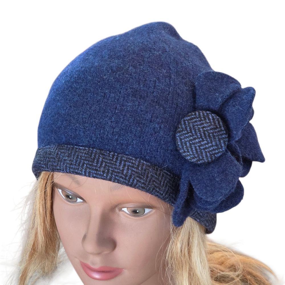 Aine Lambswool Cloche Hat Made in Ireland Flower Motif Beanie Cap